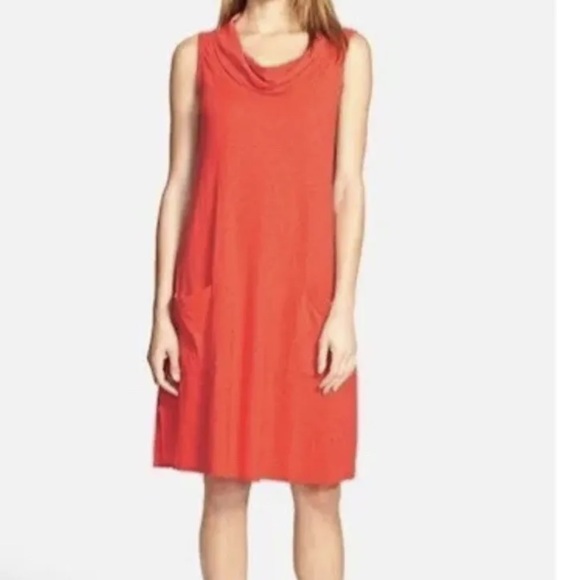 Eileen Fisher Organic Hemp Cotton Blend Shift Dress size Small Orange Cowl Neck - Picture 2 of 11